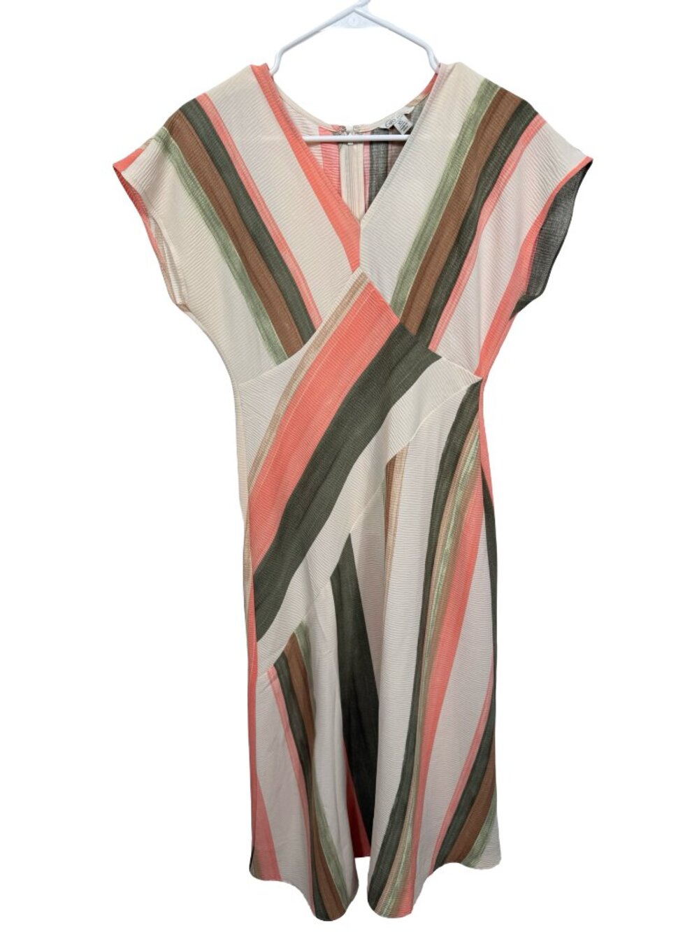 Cato Midi Dress XS Beige Multicolor Striped Textured Lightweight V Neck Casual